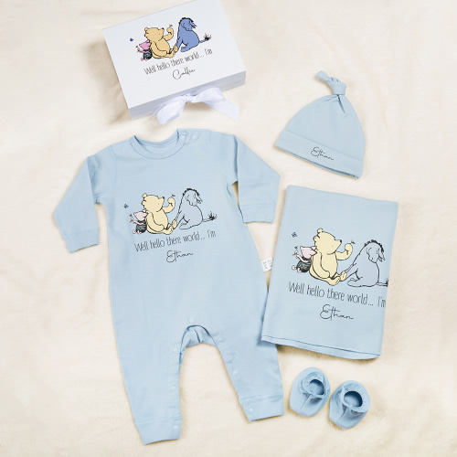Personalized Classic Winnie the Pooh 100% Cotton Baby Romper Hat Blanket Outfit with Hamper and Name Baby Shower Coming Home Gift for Newborn - CALLIE