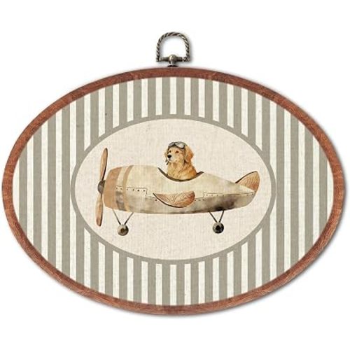 Vintage Golden Retriever Nursery Oval Wall Art, Airplane Canvas Framed