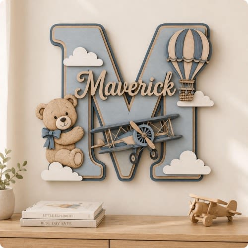 Personalized Nursery Name Sign, Wooden Airplane Wall Decor, Baby Boy Aviation Nursery, Custom Initial Sign, Baby Shower Gift