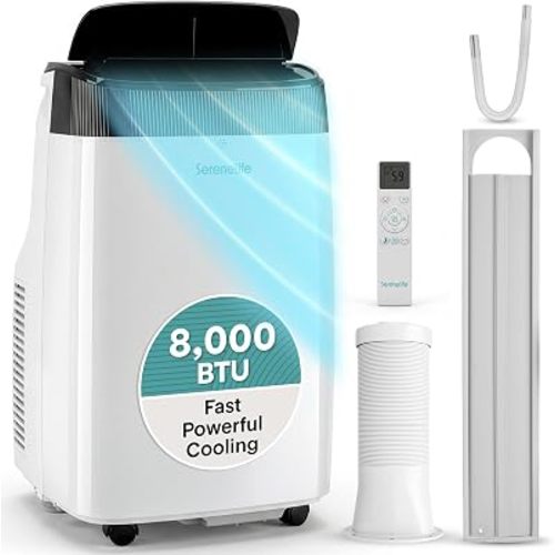 SereneLife Portable Air Conditioner, With Dual Motor, Dehumidifier & Fan | 8,000 BTU AC With Temperature Ranges 64°F–90°F | Fast Powerful Cooling | 3 Fan Speeds, Remote Control, & Window Exhaust Kit