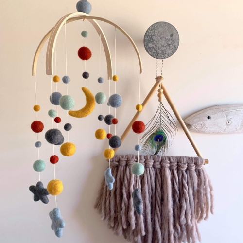 Felt baby mobile, standard double arch with felt moon & stars- baby boy or gender neutral nursery decor | crib mobile | rustic colours