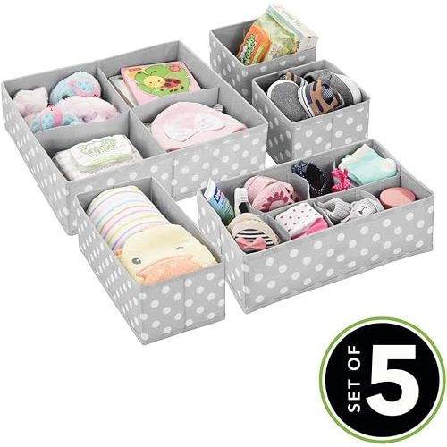 mDesign Soft Fabric Dresser Drawer/Closet Divided Storage Organizer Bins for Nursery - Holds Blankets, Bibs, Socks, Lotion, Clothes, Shoes, Toys - Set of 5 - Gray/White Polka Dot