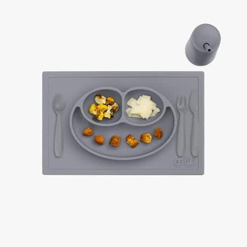 ezpz Happy Collection Set (Gray) - 100% Silicone Cup + Straw, Fork, Spoon, Training Knife & Happy Mat Suction Plate with Built-in Placemat for Toddlers + Preschoolers - Self-Feeding - 24 Months+