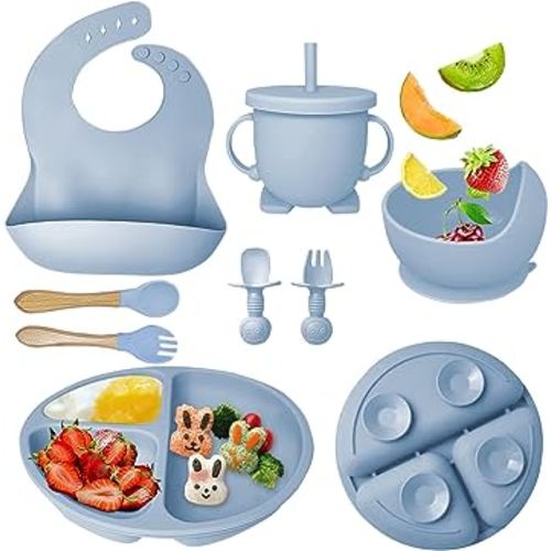 Silicone Baby Feeding Set, Baby Led Weaning Supplies with Suction Bowl Divided Plate, Toddler Self Feeding Dish Set with Spoons Forks Sippy Cup Adjustable Bib, Baby Eating Utensils(Grey Blue)