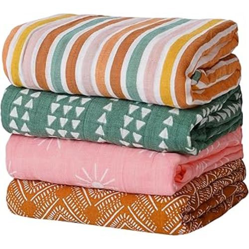 4 Set Muslin Swaddle Blankets for Newborn Baby Boys, Girls,Receiving Blankets-Cute Soft Print Baby Towel Wrap 120x110cm Baby(Leaf)