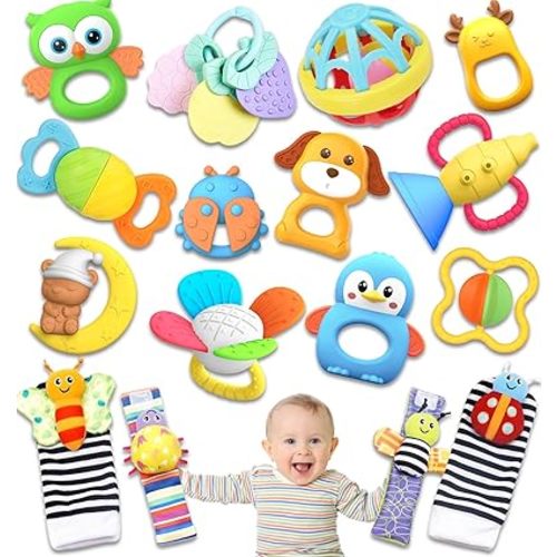 AZEN 16 Pack Baby Rattles Teething Toys 3-6 Months, Baby Toys 0-6 Months, Newborn Infant Toys 6-12 Months, Essentials Must Haves Wrist Socks Toddler Stocking Stuffers Christmas Gifts