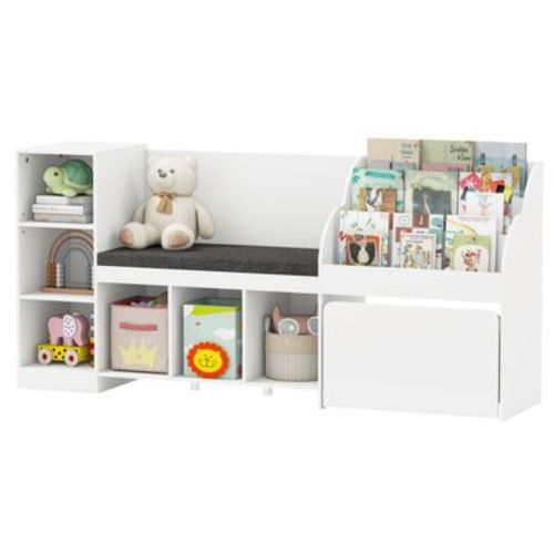 Costway Wooden Kids Bookshelf w/Reading Nook Padded Seat Open Cubes Adjustable Shelf