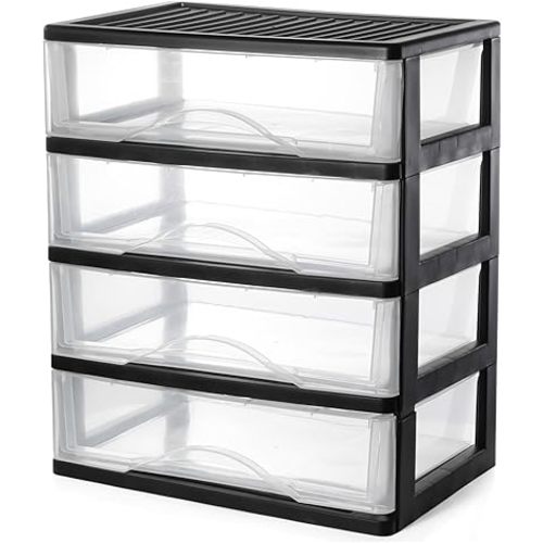BYCY Medium 4 Drawer Clear Stacking Desktop Organizer for Office Supplies,Stackable Storage Drawers Plastic Storage Bins For Kitchen Cabinets, Pantry, Home Organization (Black, Medium 4Drawer)