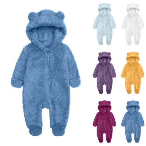 MKOSPLRT Baby Plush Long Sleeve Fuzzy Fleece Jumpsuit with Bear Ears Newbroon Fleece Hooded Jumpsuit Infant Winter Outfit