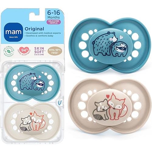 MAM Original Matte Baby Pacifiers 6-16 Months, Binky for Newborn Babies, BPA-Free Skin Soft Silicone Nipple, Easy to Clean, Developed with Medical Experts, 2 Count, With Sterilizer Case Made in Europe