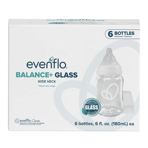 Evenflo Balance+ Glass Wide Neck Baby Bottles, Clear, 6 fl oz, 6 Pack
