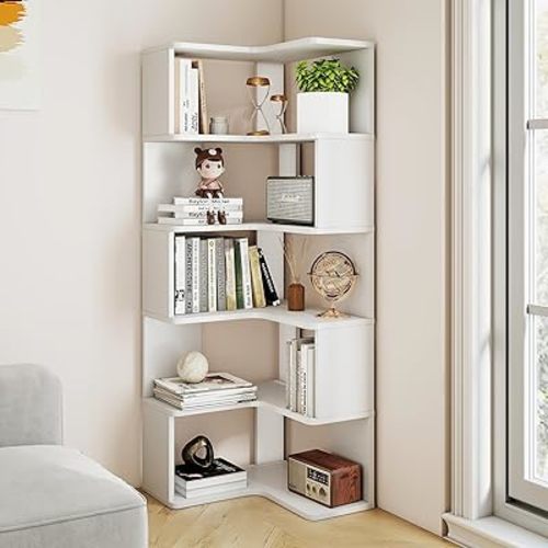 6-Tier L-Shaped Corner Bookshelf, 63" Tall Freestanding Wood Grain Corner Bookcase with Safety Baffle, Space-Saving Corner Shelf Storage for Living Room, Bedroom, Home Office, White