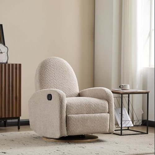 Merax Boucle 360 Swivel & Glider Recliner Chair, Soft Bedroom Sofa Chair with with Thicker Seat Cushion, Modern Home Theater Seating for Living Room Almond