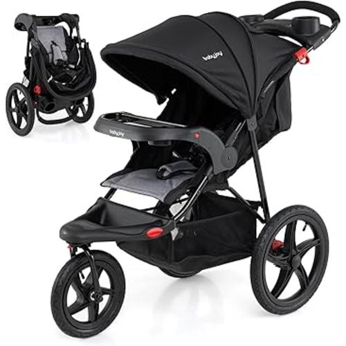 BABY JOY Jogging Stroller, Foldable Jogger Stroller with Adjustable Canopy & Backrest, Air-Filled Tires, Child & Parent Tray, Cup Holders, Storage Basket, Running Stroller for Babies Toddlers (Black)