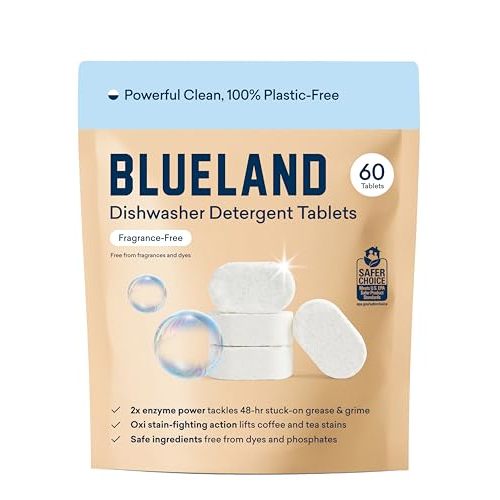BLUELAND 100% Plastic-Free Dishwasher Detergent Tablets, 60 Count, Unscented Eco Friendly Dishwashing Pods, Natural, Sustainable