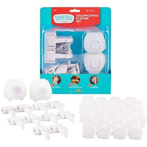 Toddleroo by North States - Childproofing Deluxe Kit: 4 Knob Covers, 4 Sliding Cabinet Locks, 4 Gel Corner Protectors, 1 Door Pinch Guard, 18 Drawer Locks, 34 Plug Protectors - 65 Piece Set - White