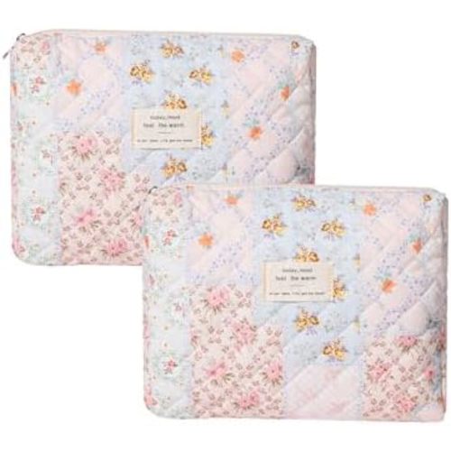 uekeboag Quilted Cotton Makeup Bag 2Pcs Coquette Cosmetic Bag,Large Soft Floral Travel Toiletry Bag for Women and Girls(06Pink Flower)