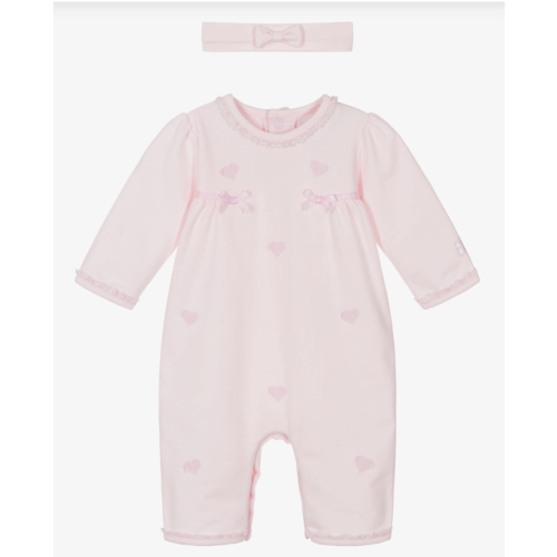 Emile et Rose - Girls Pink Cotton Babysuit Set with Heart Embroidery | Childrensalon