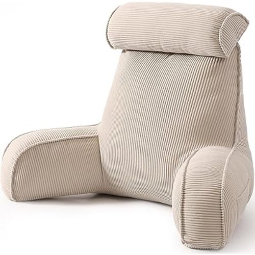 Reading Pillow for Sitting Up in Bed, Corduroy Backrest Pillow with Arms, Side Pocket & Washable Cover, Bed Rest Back Support for Adults, Teens & Kids, Beige Gray