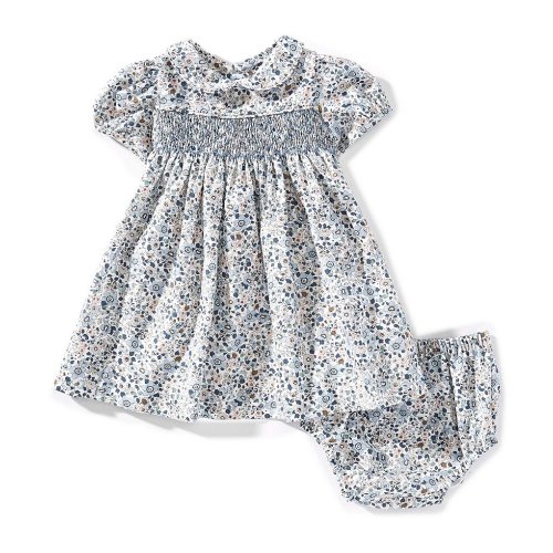 Edgehill Collection Baby Girls Peter Pan Collar Smocked Blue Floral Dress
