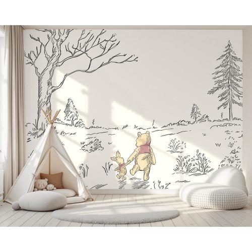 Vintage Bear Nursery Wall Mural, Sketch Style Woodland Wallpaper, Neutral Baby Room Decor, Minimal Line Art Forest Friends Wall Art