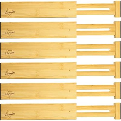 Adjustable Bamboo Drawer Dividers Organizers Expandable (12-16") Kitchen Drawer Organizer Spring Loaded for Kitchen, Dresser, Bathroom, Bedroom, Desk 6-pack Small