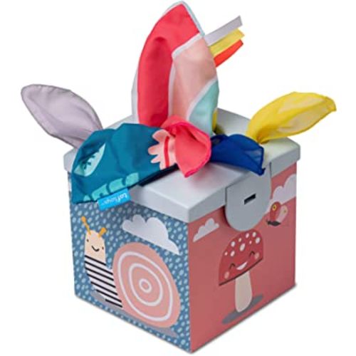 Taf Toys Sensory crinkle tissue Box for Toddlers. Made of Strong durable Cardboard Box & Plastic lid STEM Montessori Toy Colorful soft Scarves and Crinkling Blankies, Educational & Sensory Development