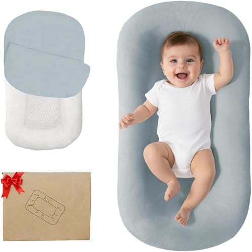 Lucakuins Baby Lounger, Bionic Design Baby Lounger for Newborn 0-24 Months, Soft Organic Cotton Breathable Lounger for Infants (Grayish Blue Baby Lounger)