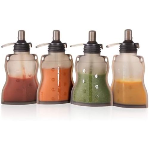 haakaa Baby Food Pouch Refillable Baby Squeeze Silicone Yummy Pouch, Soft Reusable Squeeze Storage Food Pouch for Kids Toddler,Home Made Food Puree,Smoothie Pouch Bag, 4oz, 4 Pack