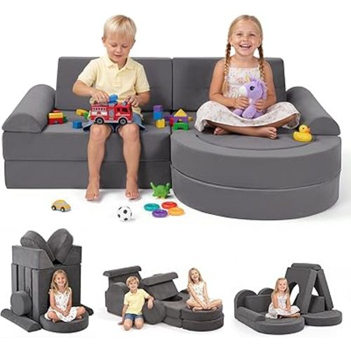 Fvkind 16pcs Modular Kids Play Couch, Kids Couch Building Fort for Playroom and Bedroom, Toddler Modular Play Sofa, Convertible Foam Sofa for Boys and Girls, Grey
