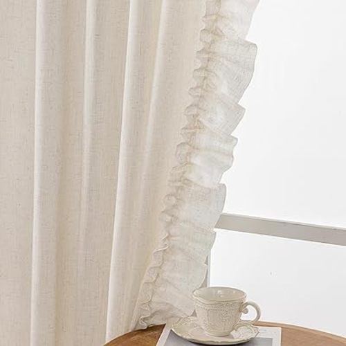 TERLYTEX Ruffle Curtains 63 Inch Length 2 Panels, 47 x 63 Inch, Natural Linen Textured Ruffled Curtains for Bedroom Rod Pocket Privacy Light Filtering Farmhouse Semi-Sheer Flowy Boho Drapes for Window