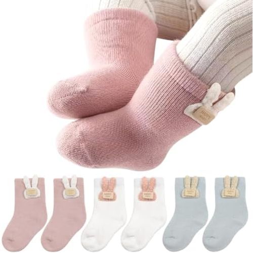 3Pack Baby Terry Crew Socks Warm Thick Thermal Cotton Fuzzy Slipper Socks for Toddler Girls Kids Winter