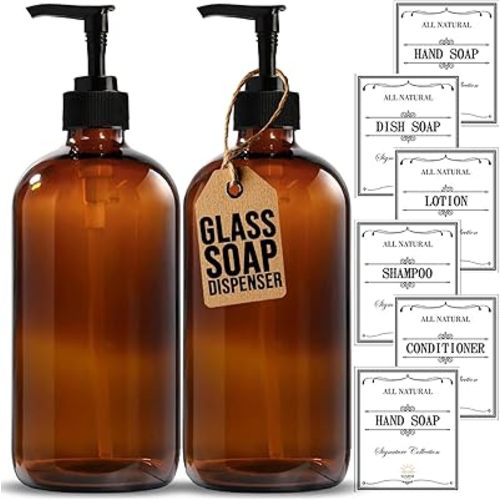 16 OZ Thick Amber Glass Soap Dispenser with Pump 2 Pack, Hand and Dish Soap Dispenser Set for Bathroom with 6 Waterproof Labels