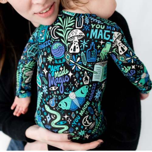 Bamboo Footie Zipper Baby Pajama - Mystic Mama Blue Bamboo Onesie Sleeper - You Made Magic Affirmation – Raising Mama