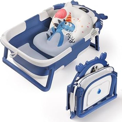 Baby Bathtub,Collapsible Baby Bath Tub with Thermometer & Soft Floating Cushion,Portable Travel Baby Bathtubs for Newborns to Toddlers 0-36 Months(Crab Blue)