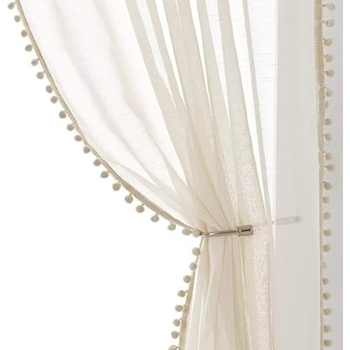 Treatmentex Pom-Pom Polyester Sheer Curtains for Office Outdoor Curtains Bedroom Window Drapes 108 inches Long Rod Pocket Curtain Set for Living Room 2 Pack, Beige