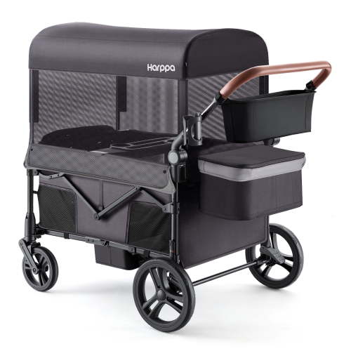 HARPPA Foldable Wagon Stroller for 4 Kids with 5-Point Harness,Canopy,Gray