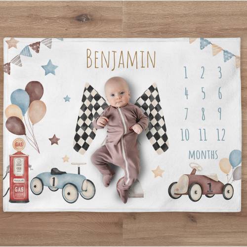 Car Milestone Baby Blanket, Custom Racing Cars Month Blanket, Personalized Vintage Car Toddler Blanket, Newborn Gift, Baby Shower Gift
