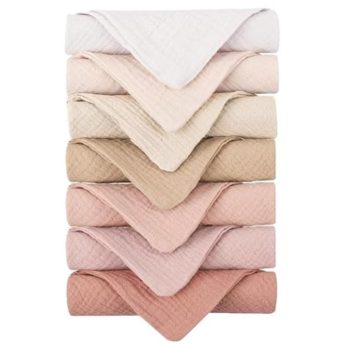 Konssy Baby Muslin Washcloths 7-Pack, 100% Cotton Baby Bath Washcloths, Soft & Absorbent Wash Cloths and Burp Cloths for Newborn Kids Girls & Boys, 11x11 inches