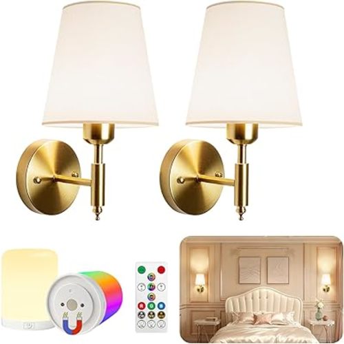 Adetu Battery Operated Wall Sconces Set of Two, Gold Rechargeable Wall Lights with 10000mAh RGB Rechargeable Magnetic Bulb, Battery Wall Sconce with Remote Control for Bedroom Decor