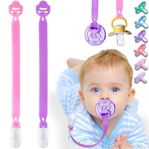 Silicone Pacifier Clip with Adapter Ring for Philips Avent Soothie, 2 Pack One-Piece Soft Binky Clips Holder for Baby Girls Boys, Anti-Loss Paci Clips for Baby Shower Newborn Essentials,Pink Purple