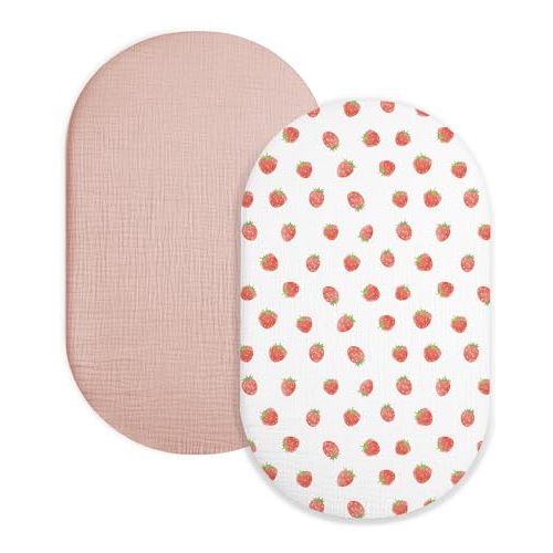 Muslin Bassinet Sheets 2 Pack, 33" x 17", (Strawberry & Pale Pink) | For Baby Boys and Girls; Fits Rectangle, Oval, and Hourglass Bassinet Mattresses or Moses Baskets; Machine Washable.