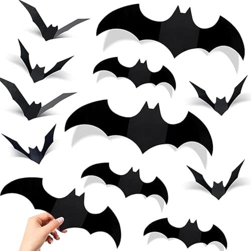 DIYASY 140 Pcs Halloween Bats Wall Decor, 3D Bat Decoration Stickers for Home Decor 4 Size Waterproof Black Spooky Bats for Room Decor