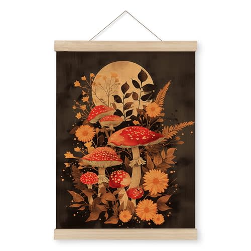MAQIKA Vintage Fall Dark Mushroom Moon Poster Framed with Wood Hanger, Mushroom Wall Decor, Cottagecore Botanical Hanging Wall Decor, Fall Flower Canvas Wall Art Prints for Farmhouse Decor 12x16 inch