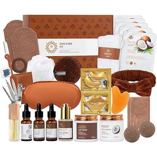 Mother's Day Gifts, Coconut 32 Pcs Facial Skin Care Kit, Home Spa & Self-Care Gifts Basket Set, Bath and Body Gifts for Women, Face Sheet Mask, Serum, Birthday, Christmas, Anniversary, Wife, Mom