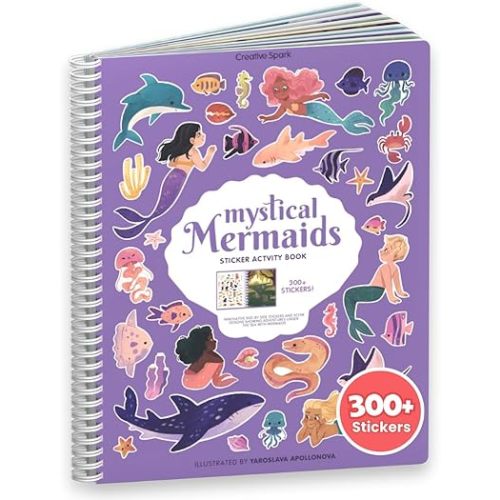 CUPKIN Mermaid Stickers, Toddler Sticker Book for Kids, Fun Toy, Toddler Road Trip Essentials, 300+ Girly Stickers + 8 Sticker Scenes and Coloring Pages, Mermaid Stickers Ages 2+