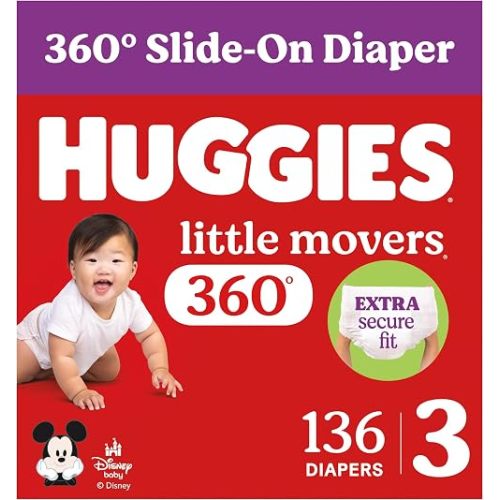 Huggies Size 3 Baby Diapers, Little Movers HuggFit 360° Baby Diapers with 360° Waistband, Size 3 (16-28 lbs), 136 Count, Packaging May Vary