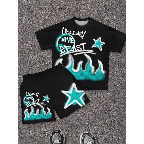 SHEIN Baby Boy Letter Print Round Neck Short Sleeve T-Shirt And Shorts Casual Minimalist Set, Suitable For Summer Daily Wear