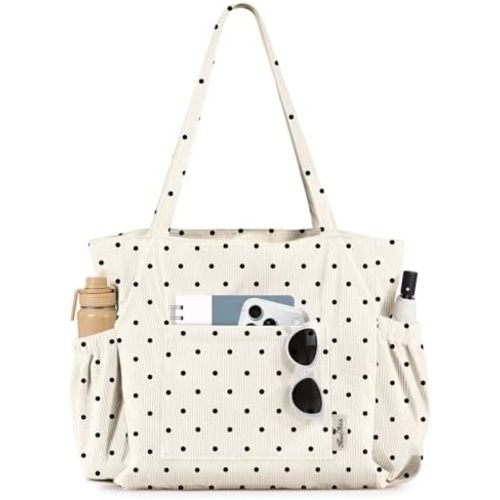 Miss Adola Cute Corduroy Tote Bag for Women Multi-Pocket with Zipper