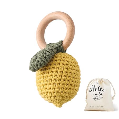 WOODEN TEETHER Crochet Baby Rattle, Organic Wood Knitted, Lemon